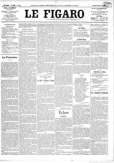 Primera página de 'Le Figaro' del 20 de febrero de 1909, en la que aparece el Manifiesto del Futurismo
