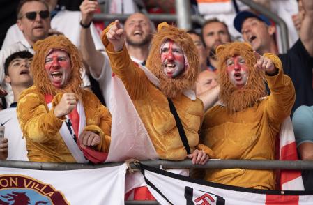 DORTMUND, GERMANY - JULY 10: England fans dressed as three lions during the UEFA EURO 2024 semi-final match between Netherlands and England at Football Stadium Dortmund on July 10, 2024 in Dortmund, Germany. (Photo by Visionhaus/Getty Images)
