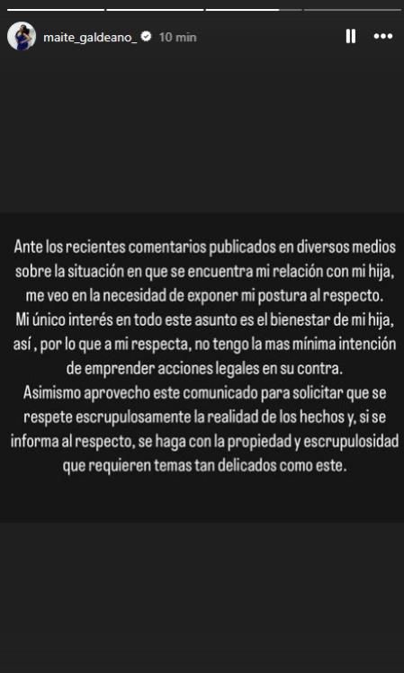 Maite Galdeano aclara en Instagram que no tiene intención de emprender acciones legales contra su hija Sofía