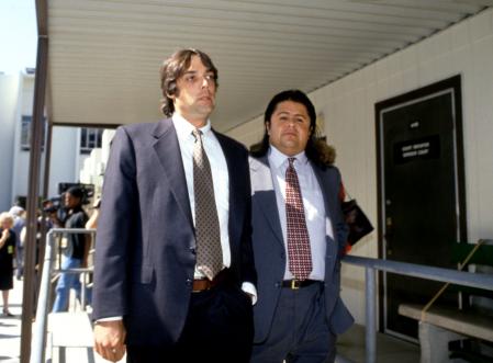 (L-R) American actor Christian Brando (1958-2008), eldest child of American actor Marlon Brando (not pictured), arrives at the courthouse with his brother American actor Miko Brando, during his trial for the murder of Dag Drollet On October 10, 1990 in Santa Monica, California. Drollet was the boyfriend of his half-sister Cheyenne who alleged him to be abusive. (Photo by Bill Nation/Sygma via Getty Images)