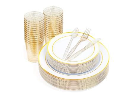 MATANA 150 Piezas Vajilla de Plástico Blanco y Dorado para 25 Personas