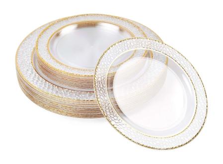 MATANA 40 Platos de Plástico Duro Reutilizables con Borde Dorado