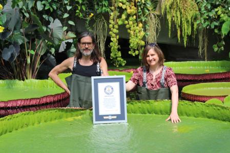 Carlos y Lucy posan junto al nenúfar y la placa del récord Guiness.