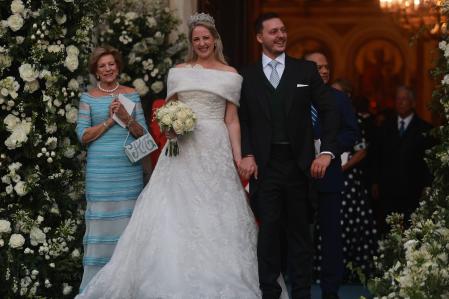 La princesa Teodora de Grecia y Matthew Kumar el día de su boda en Atenas