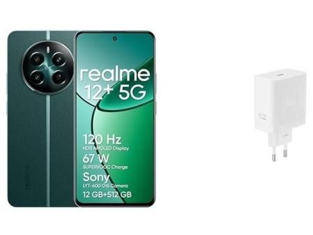 realme 12+ Teléfono Móvil 5G, 8+256GB, Cámara para Retratos Sony LYT-600 OIS, Conjunto de Chips Dimensity 7050 5G, 5000 mAh, NFC, Verde + SUPERVOOC 67W Power Adapter White
