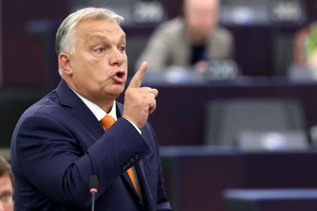 Hungary's Prime Minister Viktor Orban delivers a speech at the end of the presentation of the programme for Hungary's six-month Council Presidency, as part of a plenary session at the European Parliament in Strasbourg, eastern France, on October 9, 2024. (Photo by FREDERICK FLORIN / AFP)