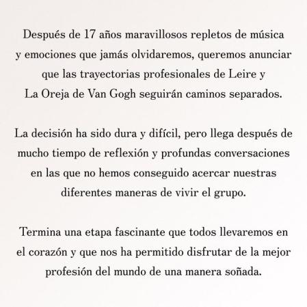 Comunicado La Oreja de Van Gogh