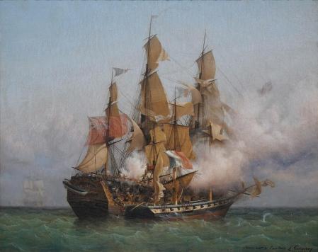 El East Indiaman Kent (izquierda) luchando contra el Confiance, un barco privado comandado por el corsario francés Robert Surcouf
