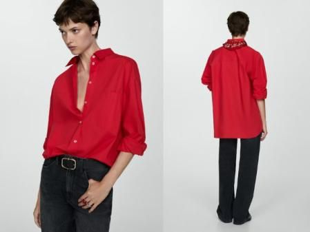 Camisa oversize bolsillo roja de Mango