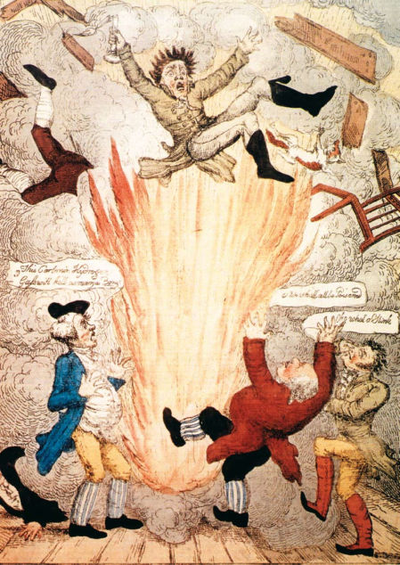 Cartel satírico que muestra los peligros de las primeras luces de gas (Londres, 1813).