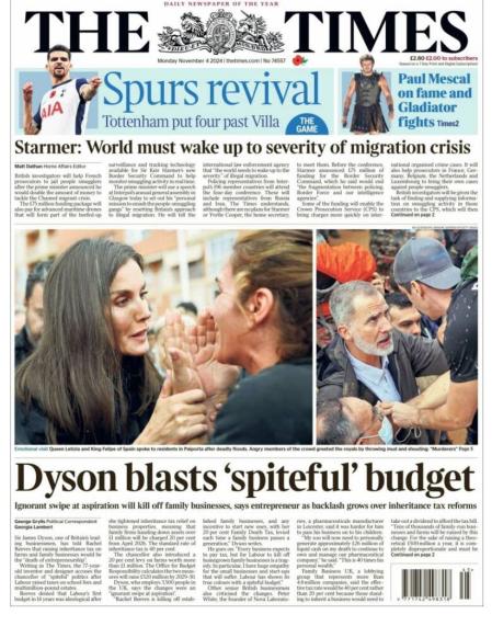 Portada de The Times con la imagen de los Reyes en Paiporta