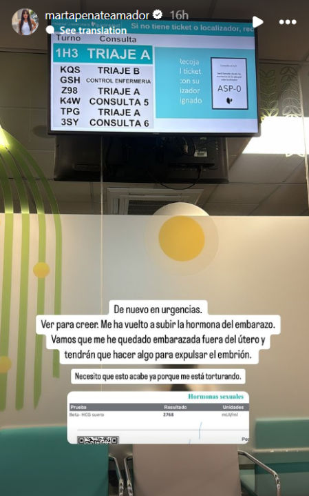 Marta Peñate comunica que sufre un embarazo ectópico.