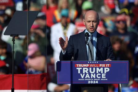 Stephen Miller, Campaign advisor of Republican presidential nominee and former U.S. President Donald Trump, speaks at a campaign rally for former U.S. President Trump at Flyadvanced Lancaster, in Lititz, Pennsylvania, U.S. November 3, 2024. REUTERS/Eloisa Lopez