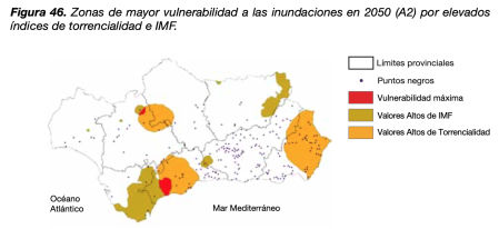 Zonas vulnerables por lluvias torrenciales. Previsión de 2050. Escenario 1