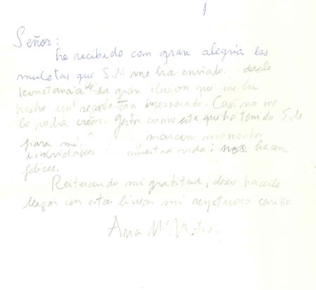 Borrador de una carta a Juan Carlos I, agradeciendo que le regalara una muleta