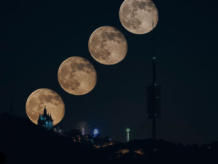 Las cuatro posiciones de la superluna del Castor en el Tibidabo.