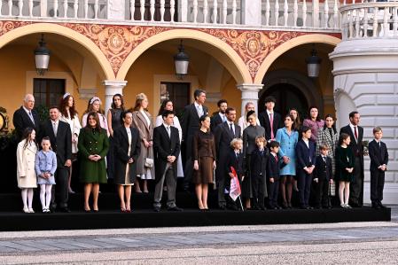 MONACO, MONACO - NOVEMBER 19: (EDITOR'S NOTE : NO TABLOIDS WEB & PRINT, NO DAILY MAIL, NO DAILY MAIL GROUP, NO BILD, NO CHI, NO VOICI, NO CLOSER) (Front Row / L-R) Kaia-Rose Wittstock, Bodhi Wittstock, Gareth Wittstock, Camille Gottlieb, Pauline Ducruet, Louis Ducruet, Princess Alexandra of Hanover, Pierre Casiraghi, Francesco Casiraghi, Beatrice Borromeo, Stefano Casiraghi, Balthazar Rassam, Charlotte Casiraghi, Raphael Elmaleh, Maximilian Casiraghi, Tatiana Santo Domingo, India Casiraghi, Andrea Casiraghi and Sacha Casiraghi attend the Monaco National Day on November 19, 2024 in Monaco, Monaco. (Photo by Stephane Cardinale - Corbis/Corbis via Getty Images)