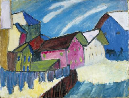 'Calle de pueblo en invierno', fragmento de una pintura sobre cartón de Gabrielle Münter  acabada  1911