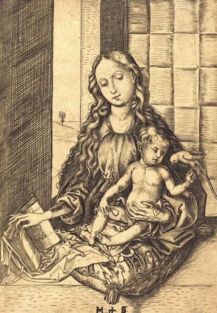 Grabado de Martin Schongauer ‘Madonna y Niño con un loro’, 1470-1491