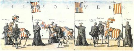 Guion y caballo engualdrapado con los emblemas heráldicos de Sicilia (izquierda), Nápoles (centro) y Reino de Aragón privativo (derecha)