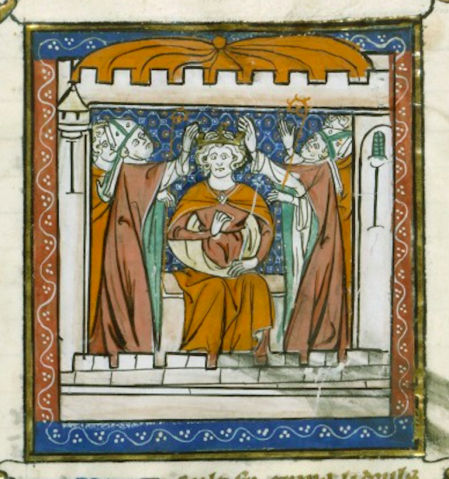 Coronación de Balduino IV en Estoire d'Eracles, por su tutor Guillermo de Tiro, 1310-1325. Miniatura del taller del Maestro de Fauvel