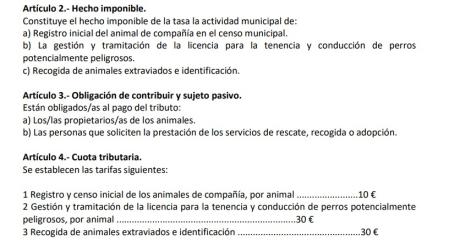 Contenido de la ordenanza fiscal de Daimús sobre la tenencia de animales.
