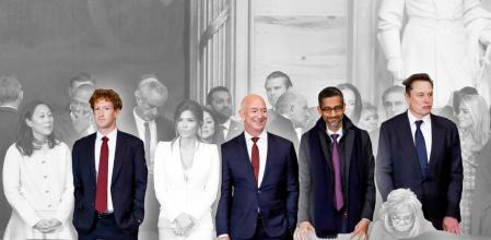 De derecha a izquierda, Elon Musk, Sundar Pichai, Jeff Bezos y su pareja, Lauren Sánchez, y Mark Zuberberg y su esposa, Priscilla Chan. 