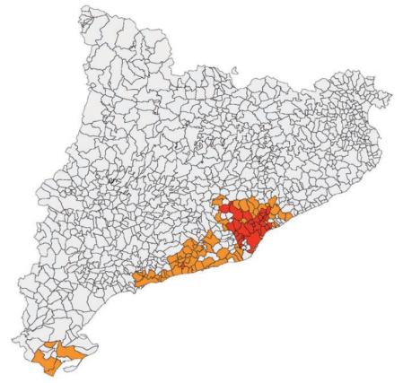 Municipios donde se ha encontrado Hyalomma lusitanicum en Cataluña: en rojo los municipios del estudio 2022 y en naranja los 2023-2024