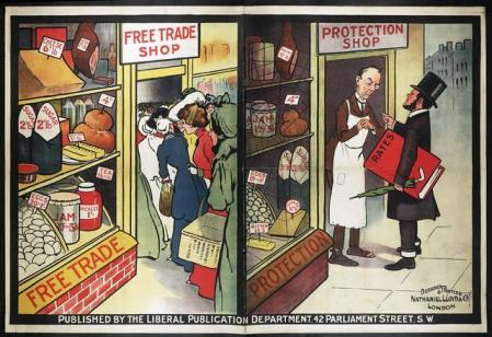 Caricatura política del partido liberal inglés sobre las diferencias entre una economía con aranceles y otra sin ellos