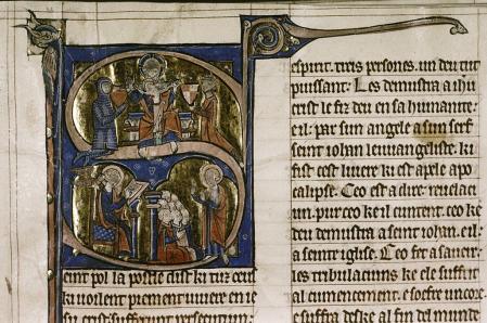 Miniatura con Leonor de Castilla en la parte superior derecha de la capitular