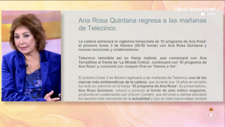 Giro de 180 grados en Telecinco: Ana Rosa Quintana vuelve a las mañanas el 3 de febrero