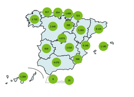 Mapa con los puntos de recarga existentes en 2024 por comunidades autónomas
