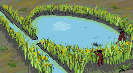 Reproducción que muestra un estanque agrícola para retener agua en la estación seca