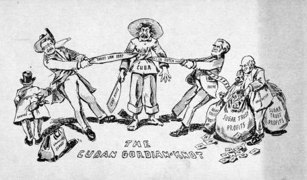 Caricatura de 1902 sobre las presiones ejercidas sobre los agricultores cubanos por el Trust estadounidense del azúcar. El primero por la dcha. es Henry O. Havemeyer