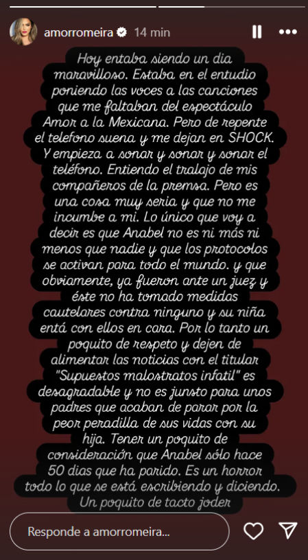 Amor Romeira responde en Instagram al tratamiento mediático de la investigación sobre Anabel Pantoja