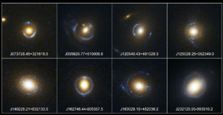 Algunos de los pocos ejemplos de anillos de Einstein observados, en este caso por el telescopio espacial Hubble