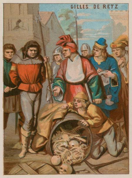 Restos de niños asesinados por Gilles de Rais, cromolitografía s. XIX