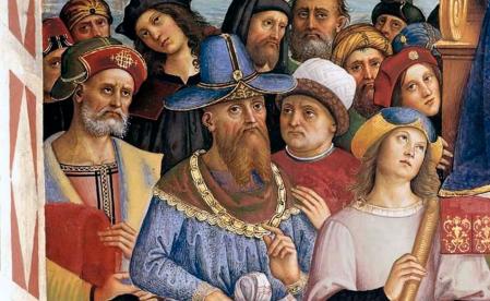 Tomás Paleólogo (en el centro con ropaje azul). Detalle de 'El papa Pío II llega a Ancona', por Pinturicchio, 1502