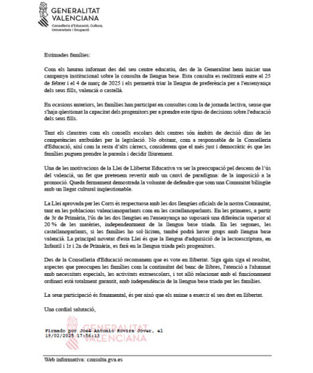 Carta del conseller Rovira a las familias de niños y niñas de la Comunidad Valenciana