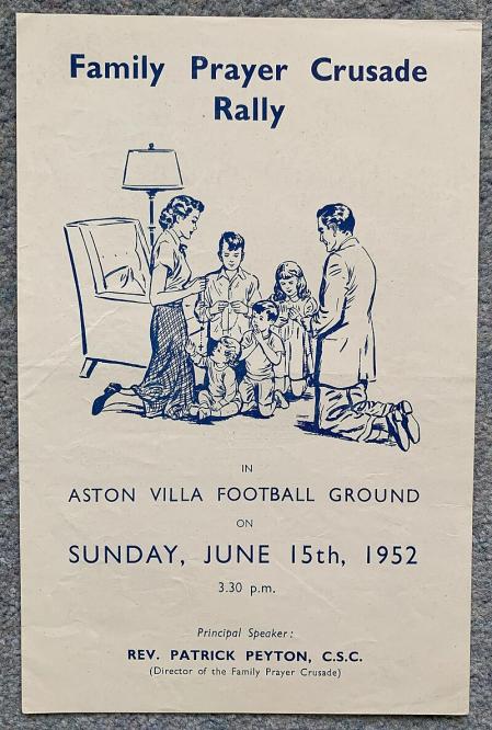 Anuncio de un encuentro del padre Peyton para rezar el rosario en Birmingham, Gran Bretaña, 1952