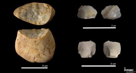 Herramientas líticas rudimentarias, de tipo olduvayense, halladas en el yacimiento de la Sima del Elefante de Atapuerca