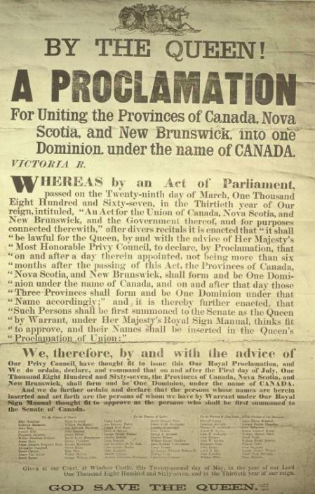 Anuncio de la firma de la ley de la Constitución de Canadá de 1867 por pate de la eina Victoria&nbsp;