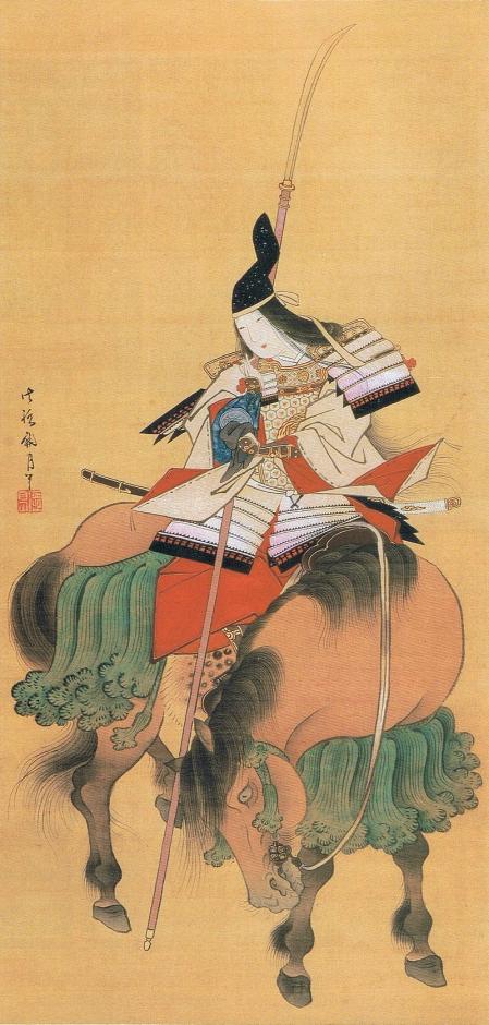 Tomoe Gozen con armadura y naginata en una representación del siglo XVIII