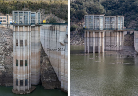 Comparativa del nivel de agua en la presa del pantano de Sau entre enero de 2024 y marzo de 2025.