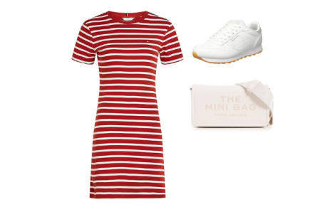 Conjunto de vestido de Tommy Hilfiger, zapatillas Skechers y bolso de Marc Jacobs.