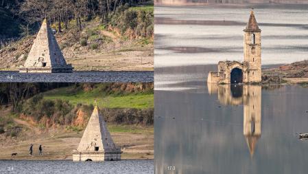 El cambio experimentado por el pantano de Sau entre el 17 de marzo y el 8 de abril.
