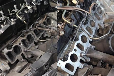 El asombroso antes y después de limpiar con cáscara de nuez el motor de un coche.