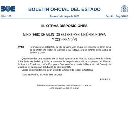 El BOE publica este jueves el Real Decreto de concesión de la Gran Cruz de Isabel la Católica a la infanta Sofía