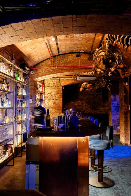 El sótano del Born que recibe a sus clientes con un esqueleto de dinosaurio colgado del techo