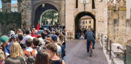 Dos puentes de entrada a Sirmione. A la izquierda, el pasado sábado.